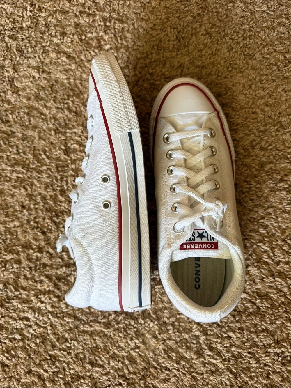 Converse Low Top Sneakers in Off-White with Red & Navy Accents